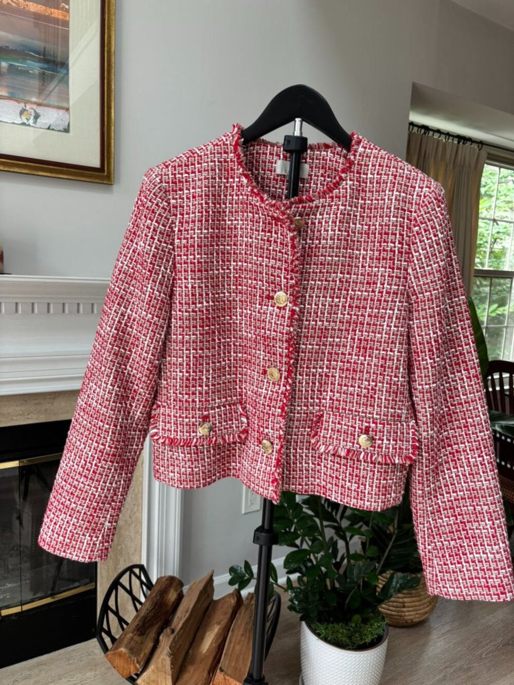 LOFT Red & White Bouclé Tweed Fringed Lady Jacket Blazer